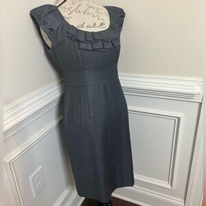 Banana Republic grey sheath dress featuring a ruffle neckline and cap sleeve